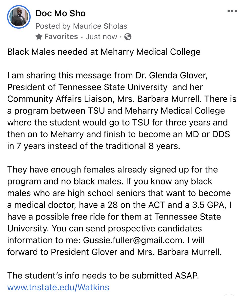 Let get some future #BlackMenInMedicine on their way by getting high school kids in this @TSUedu and @MeharryMedical combined undergrad/Med School program!! We need kids from all over. But, I am sure some of our NOPS and NOLA private school kids would be excellent!
