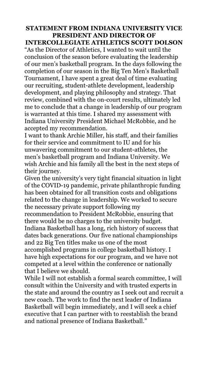 jojogentrytv's tweet image. Statement via IU regarding Archie Miller:

“Given the university’s very tight financial situation in light of the COVID-19 pandemic, private philanthropic funding has been obtained for all transition costs and obligations related to the change in leadership...”