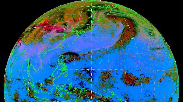 WMO's tweet image. Today's major #sandstorms over northern China are clearly visible from space, using the #Himawari-8 🛰️ dust channel

The bright pink areas ⬇️ indicate sand and dust clouds