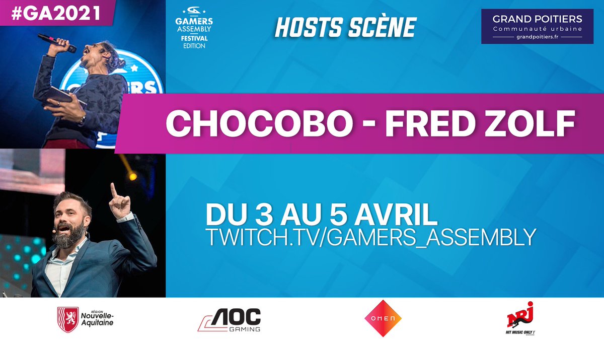 La #GA2021 vous réserve pas mal de surprises et qui mieux que <a href="/FredZolf/">Sparadrap</a> et Chocobo en direct de Poitiers pour vous faire vivre cet événement inédit ? 😯

Le rendez-vous est donné dans quelques jours. *hype* 

ga2021.gamers-assembly.net/news/hosts-sce…