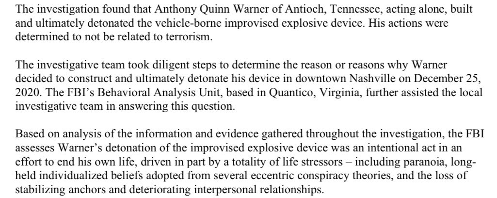 #BREAKING @FBI report states #NashvilleBombing suspect Anthony Quinn Warner acted alone and was driven by conspiracy theories before the Christmas Day bombing. @TND