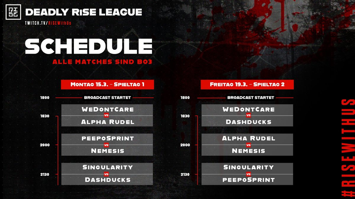 Freunde des Nebels - gleich geht's los mit unserem ersten Spieltag der #DeadlyRiSELeague 😎

Wer schaut heute alles zu?