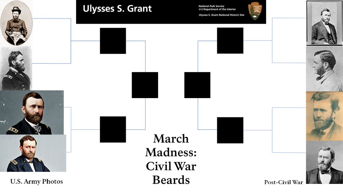 USGrantNPS's tweet photo. Welcome to Year 2 of March Madness: Civil War Beards! Facebook has disabled its poll function, so we're leaving it to you, Twitter, to choose your favorite U.S. Grant beard. 

Over the next few days we'll create a poll for each matchup. Stay tuned for round 1 later today! #ULSG https://t.co/S8T8cspuXV