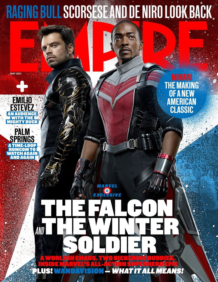 On your left! #SamWilson and #BuckyBarnes take over the cover of <a href="/empiremagazine/">Empire</a>’s #FalconAndWinterSoldier issue. On sale Thursday 18 March. Pre-order a copy now: bit.ly/3erlmEb