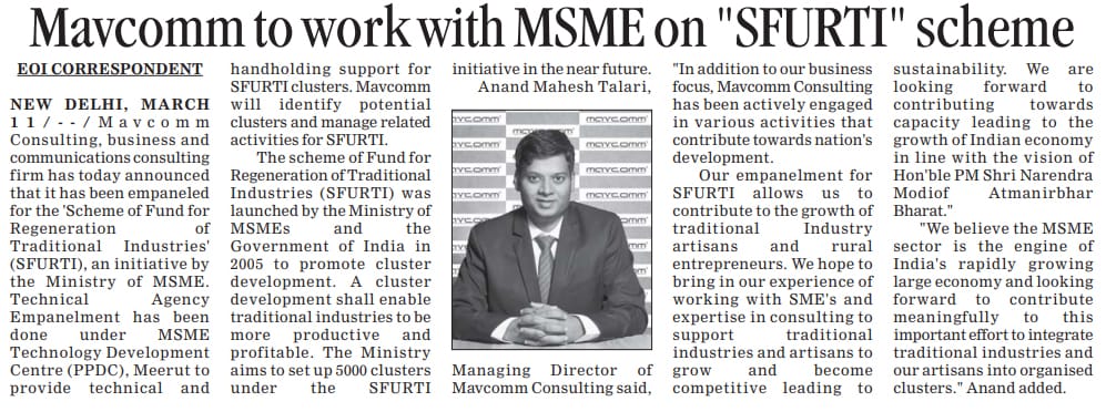 MavcommGroup's tweet photo. @MavcommGroup  is proud to be associated with  MSME on “SFURTI”  Scheme for Regeneration of Traditional Industry. We believe that contributing meaningfully to this important effort will enable traditional industries to be productive and profitable. @maheshanand https://t.co/GbUR33zOGm