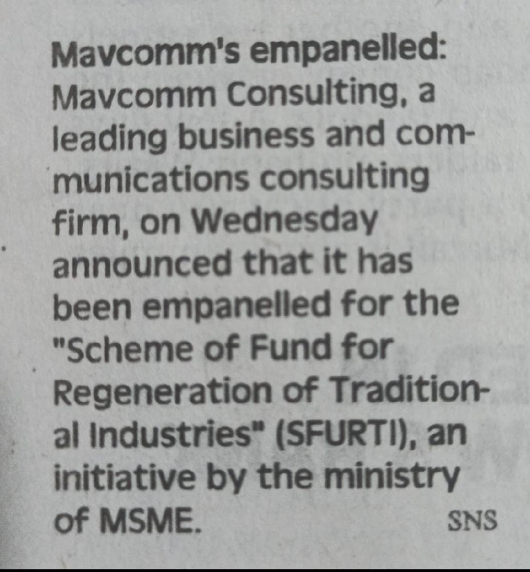 MavcommGroup's tweet photo. @MavcommGroup ,a leading communication and consulting firm, will work jointly with MSME for the scheme of Fund for Regeneration of Traditional Industries in order to  foster the growth of Traditional Industry Artisans and Rural Entrepreneurs. @maheshanand https://t.co/oSHOjh7Jvk