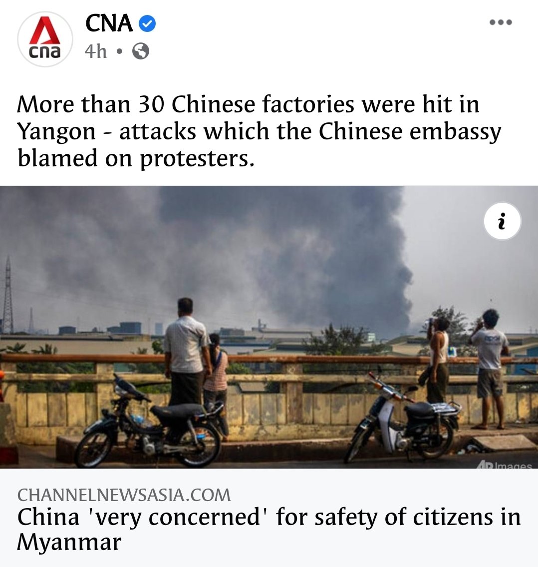 kevisn1's tweet photo. What a shame CNA! 
Singaporean media @ChannelNewsAsia is help spreading false information about Myanmar and stand with Chinese.
Yesterday,3 factories were burned by Myanmar military but they blamed on protesters and wrote 30 factories.
#WhatsHappeningInMyanmar @BBCWorld @XHNews https://t.co/DXxxxcOrBe
