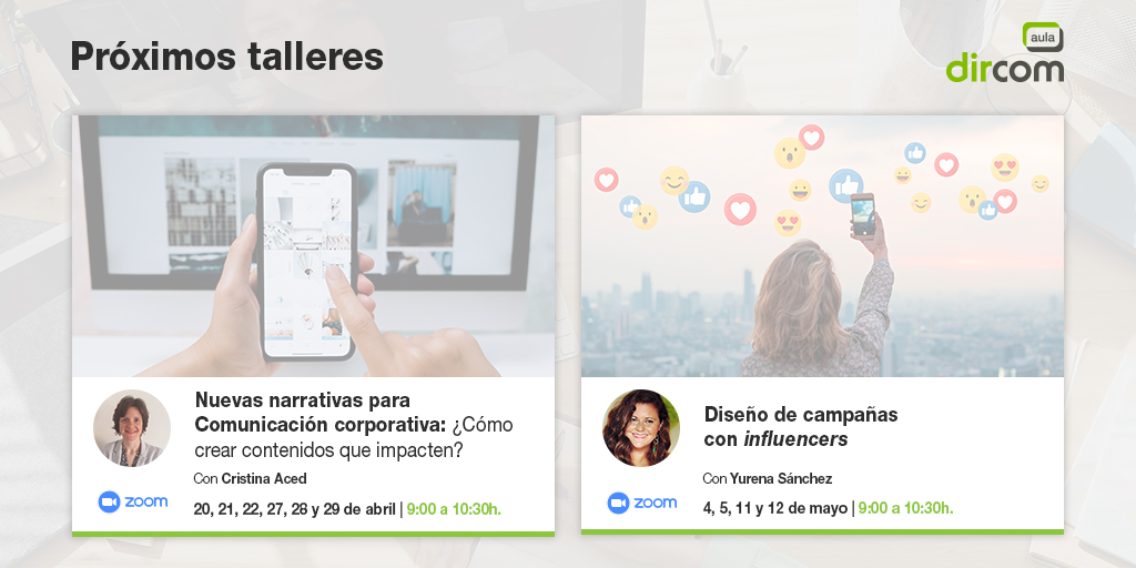 ¡Es momento de innovar en tu forma de comunicar!

✍️Con <a href="/blogocorp/">Cristina Aced</a> veremos las nuevas narrativas en comunicación corporativa.

🤳@sanchezyurena nos enseñará a diseñar campañas con #influencers.

Apúntate a los talleres de #AulaDircom. Más información 👉 aula.dircom.org