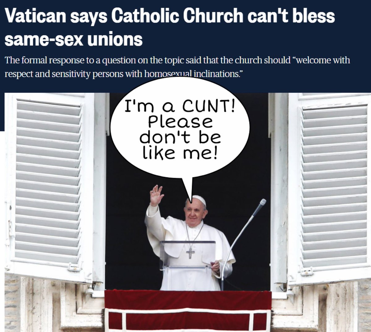 deSnor's tweet photo. Don't be like the pope! #vatican #pope #popefrancis #letloverule #bemindfull https://t.co/yp1dRbQuby
