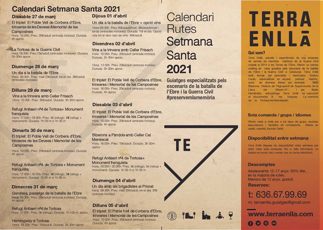 Terra Enllà, estudis i experiències (@terraenlla) on Twitter photo 🌺 Us presentem calendari de #SetmanaSanta de rutes pels espais #batalladelEbre i la #GuerraCivil a la #TerraAlta #RiberadEbre, Tortosa i Priorat.
🍷Oferim 3 visites enoturístiques amb <a href="/CellerFrisach/">Celler Frisach</a> <a href="/vinsdeltros/">vins del tros</a> i <a href="/celler_menescal/">Menescal #TerraAlta</a>
📞 636.67.99.69 terraenlla.com 🌺 Us presentem calendari de #SetmanaSanta de rutes pels espais #batalladelEbre i la #GuerraCivil a la #TerraAlta #RiberadEbre, Tortosa i Priorat.
🍷Oferim 3 visites enoturístiques amb <a href="/CellerFrisach/">Celler Frisach</a> <a href="/vinsdeltros/">vins del tros</a> i <a href="/celler_menescal/">Menescal #TerraAlta</a>
📞 636.67.99.69 terraenlla.com