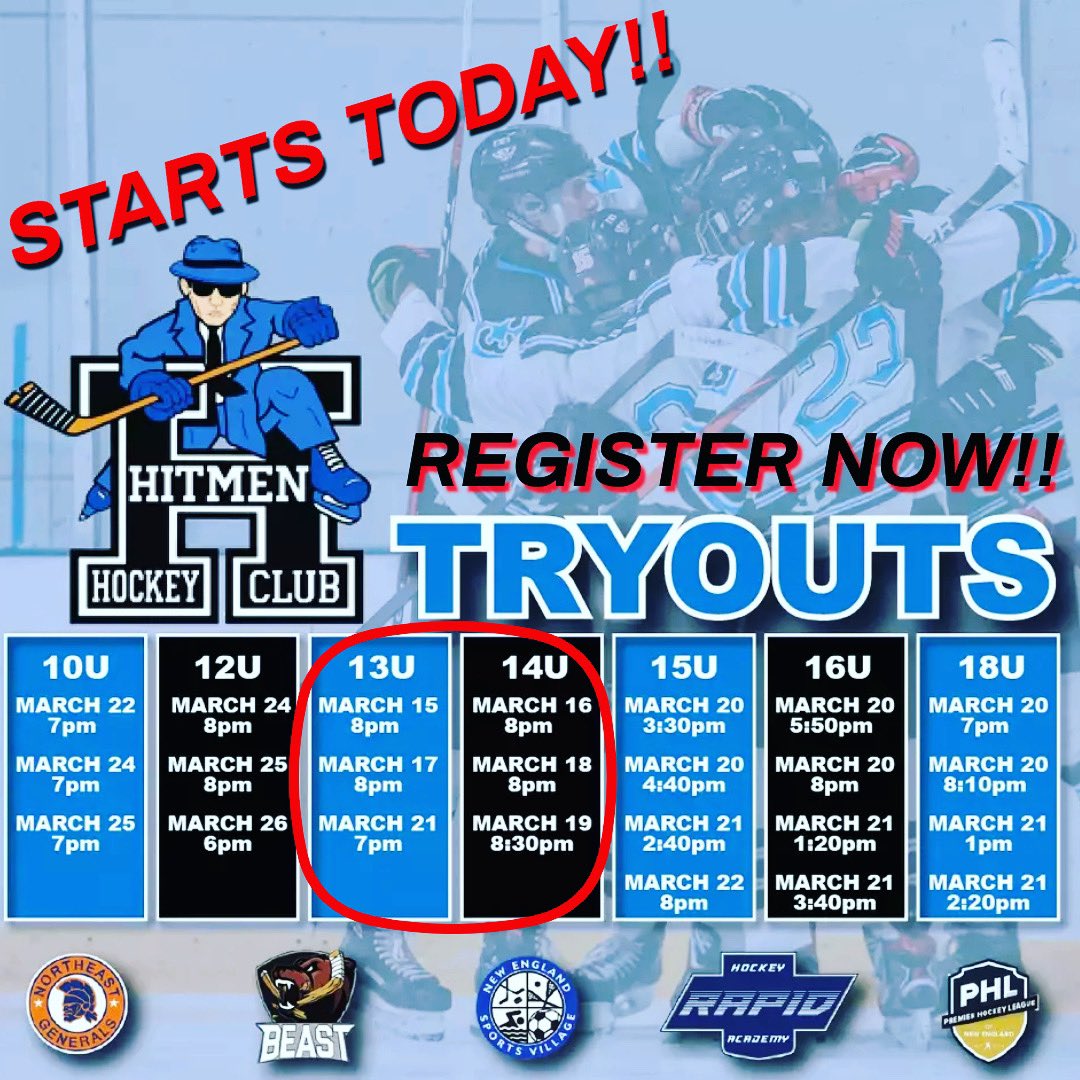 Bhealthynow's tweet photo. Tryouts for our 13U and 14U teams kicks off starting today!!  Still time to register.  Exciting opportunity to join the Hitmen Family!  See you at the Village! Home of Hitmen Hockey.  #Hitmennation #tryouts #RHA #BeABeast #APT #NESV #CoachingMatters #forplayersthatwantmore https://t.co/lzpn7FWuWw