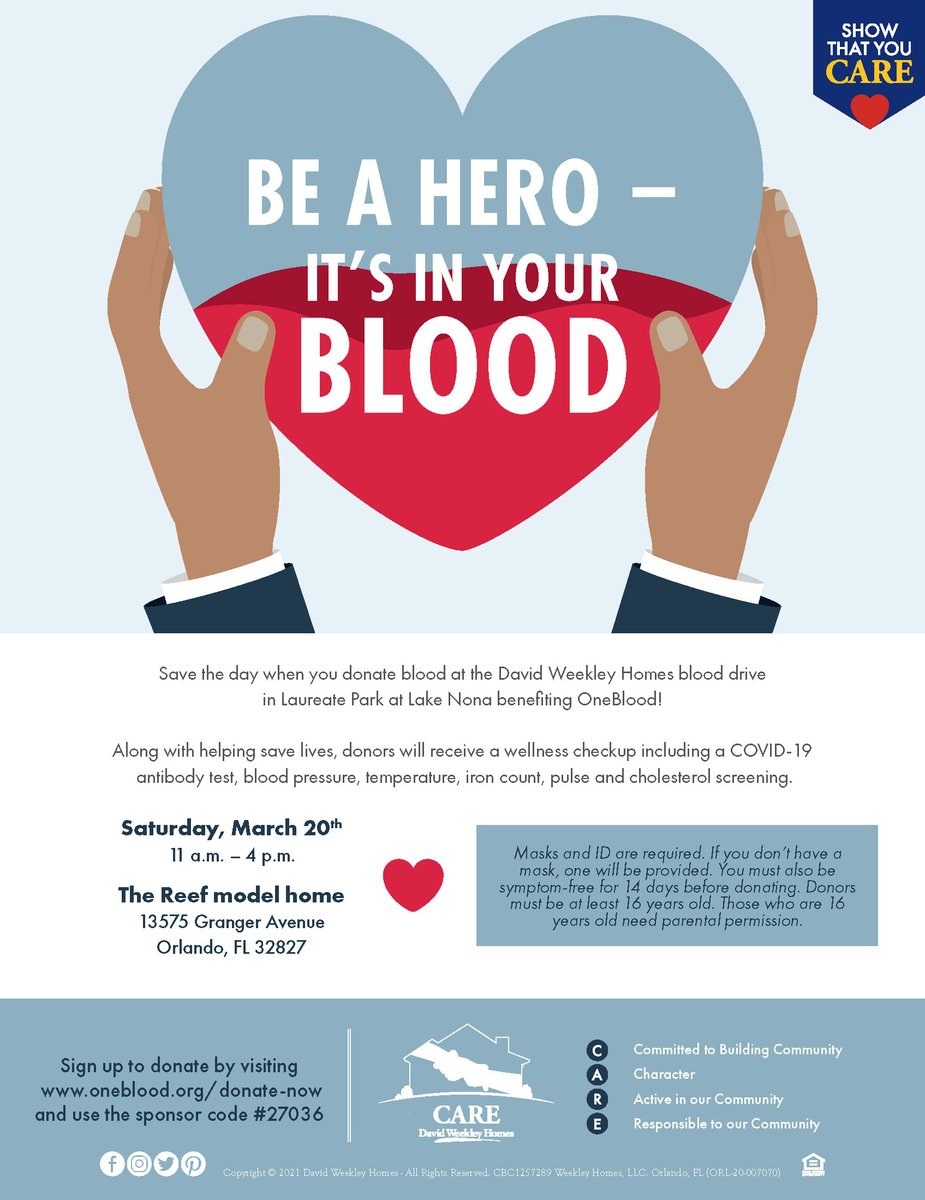 LearnLakeNona's tweet photo. Donate blood, #savelives, get a free wellness checkup and COVID-19 antibody test Saturday 3/20 at a @my1blood  drive at the David Weekley Reef model home in Laureate Park. Read details &amp; sign up at https://t.co/T4v2A0KyML and use the sponsor code #27036. #giveblood #lakenona https://t.co/U871RsL4id