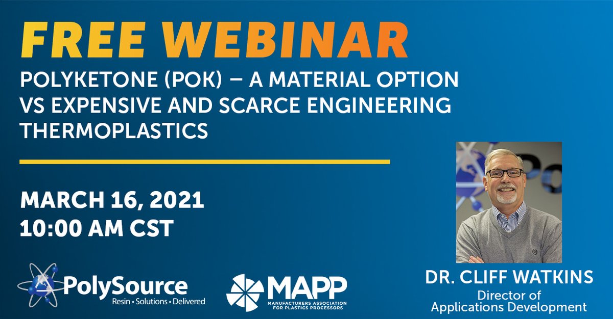 PolySourceNews's tweet photo. Join us tomorrow for a free webinar sponsored by @MAPP_plastics on Polyketone (POK) – a cost-efficient material option in this tight-supply environment. Don't miss out! Sign up here: https://t.co/Qz6BSJTZIS

#resin #manufacturing #plastics #engineeredresin #plasticsindustry #POK https://t.co/D27o53QmqC