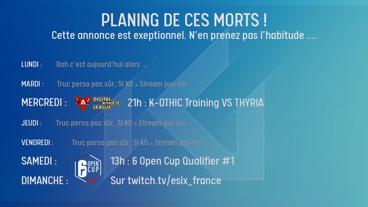 Autant faire le con ça j'maitrise ! 
Par contre faire un planing et des annonces ça ....
Alors voilà c'est à l’arrache et bisous !