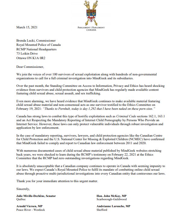 LailaMickelwait's tweet photo. BREAKING: 70 Canadian MPs &amp; Senators from 8 parties sent a demand letter to the Canadian Police calling for a full criminal investigation of Pornhub/MindGeek.

This follows a letter to Parliament from 525 NGOs &amp; 104 survivors in 65 countries calling for the same. #Traffickinghub https://t.co/JFH5QoWToK