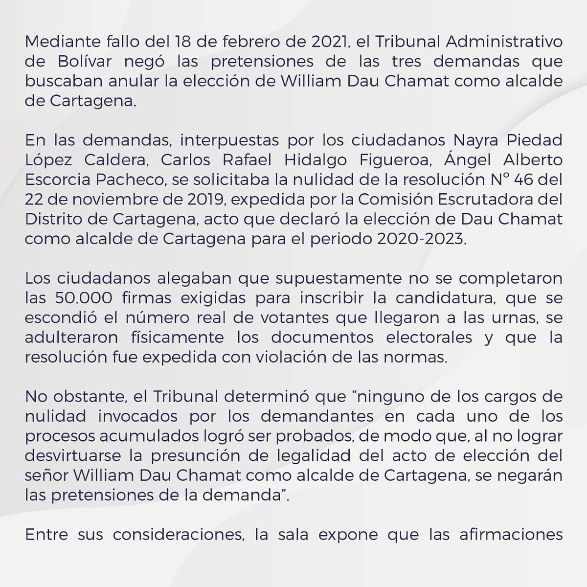 AlcaldiaCTG's tweet photo. El Tribunal Administrativo de Bolívar ratifica validez de la elección del Alcalde, como primer mandatario de la ciudad.
El Tribunal negó las tres demandas que solicitaban la nulidad de la resolución N°46 del 22 de noviembre de 2019, acto que declaró la elección como Alcalde. https://t.co/ZP75ahzbgU