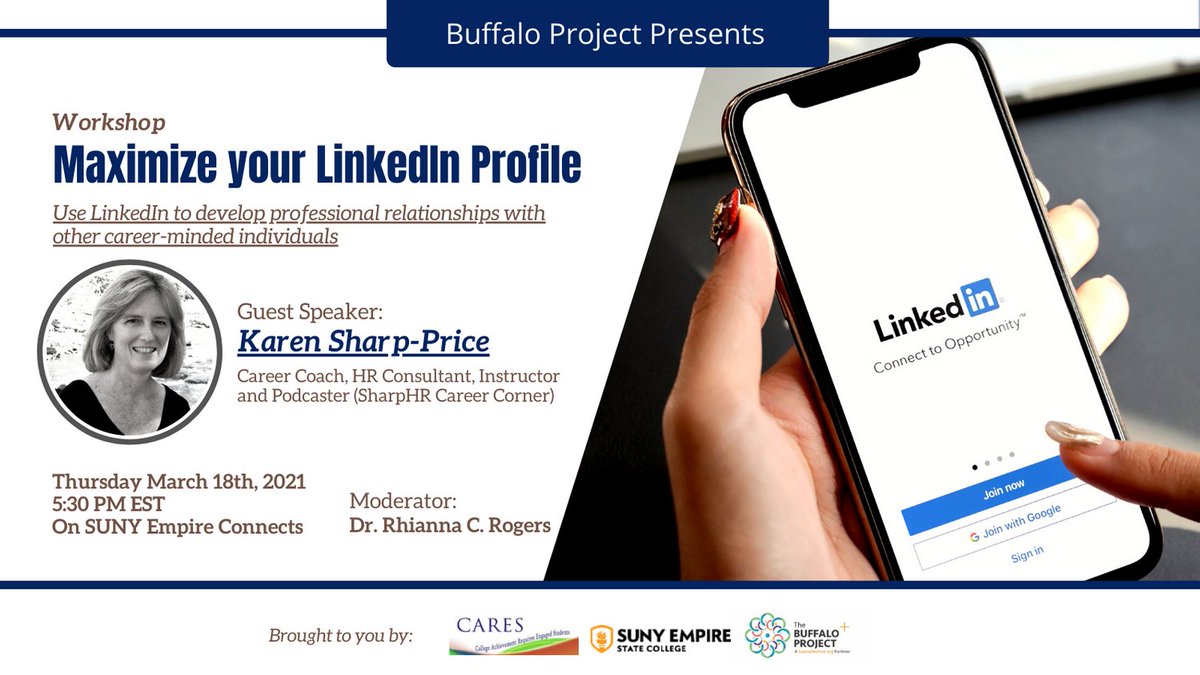 #Register to join #CareerCoach Karen Sharp-Price as she discusses how YOU can use #LinkedIn to nurture professional relationships. lnkd.in/g9cWWKu

#SPECollective #buffaloproject #careercoaching #eventbrite  #networking #professionaldevelopment #careercounser #femalelead