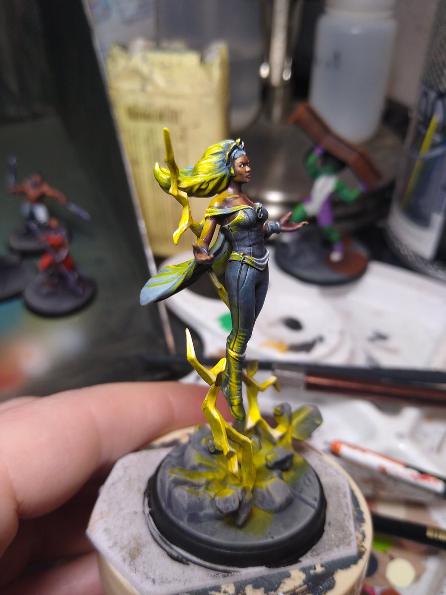 theprimalpoodle's tweet photo. Well this one took A WHILE but the final Wakandan is done.  No texture work this time around, just a lot of juggling colours and pushing my brush work as far as it would go.  She deserves it.
Storm, from Marvel Crisis Protocol.
#miniaturemonday https://t.co/Ns54oMRDTV