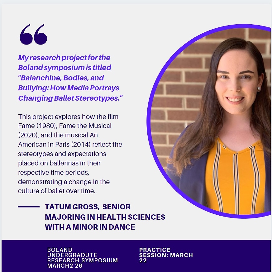 We're highlighting some of our Boland Research Symposium presenters. Check out Tatum Gross from <a href="/healthsciETSU/">Health Science Dept</a> !

A practice session will be held on March 22 at 5pm in the Culp Center room 219.

The Boland will be held virtually March 26.