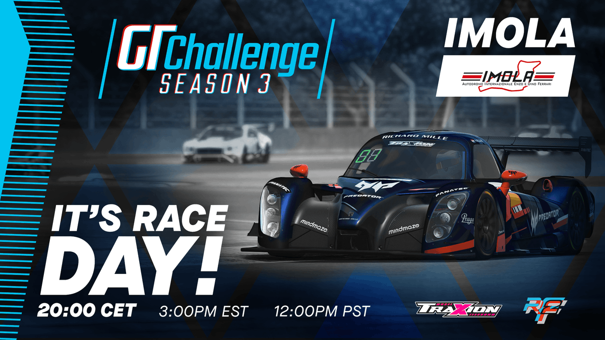 TraxionGG's tweet photo. The @rFactor2 GT Challenge Series will tackle Imola as the drivers try to earn their way into the GT Pro Series.

Tune in at 19:00 GMT on the #TraxionGG website, YouTube, or Facebook page.

We're 2 hours away!

https://t.co/6zOKE32Zse https://t.co/ITOv61wSyg