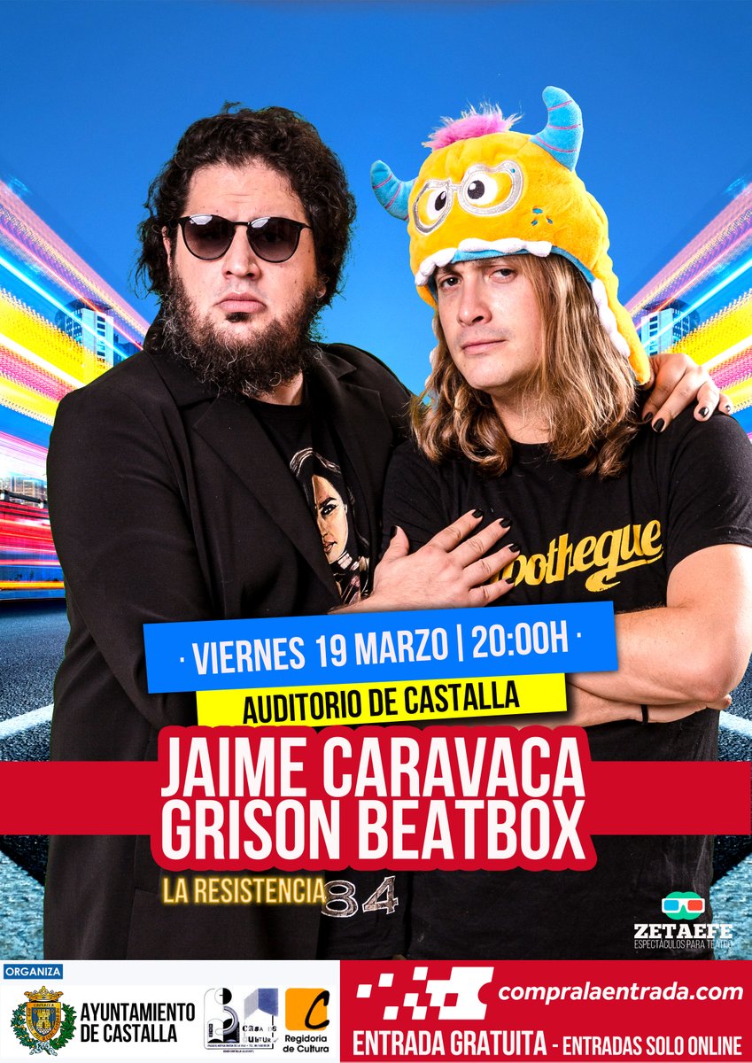AytoCastalla's tweet photo. ✅ La parella de còmics de @LaResistencia, @jaimecomedia i @grisonbeatbox, interpretaran a #Castalla el seu espectacle. Monòlegs 😂 i música 🔊 carregats de participació del públic i improvisació. 🎙

📌 19 de març a les 20 h a l’Auditori.

https://t.co/s4soginJIM https://t.co/xWlfN3PGuR