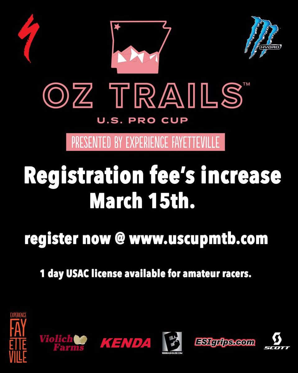 The OZ Trails US Pro Cup is a Go!  If you’re on the fence, note that registration fee’s will increase $15.00 on March 15th @ 11:59 pm CST.
Don’t miss the chance to race some of the best amateur mtb trails in the US &amp; come watch some of the sports fastest cross-country pro’s.