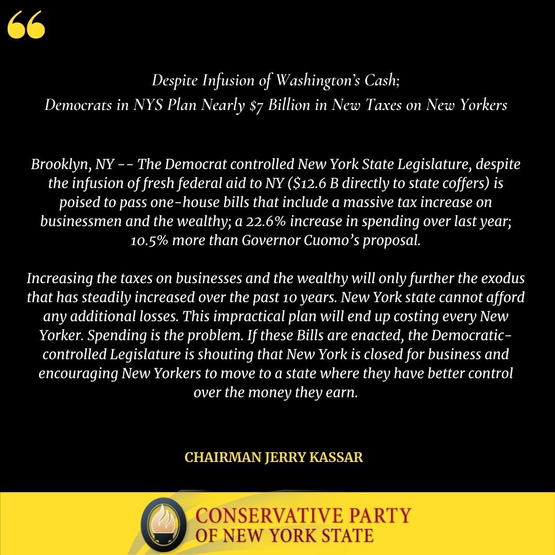 Despite infusion of Washington’s cash: Democrats in NYS plan nearly $7 billion in new taxes on New Yorkers. 

This is unacceptable.

Chairman <a href="/gerardkas/">gerardkassar</a> statement below: