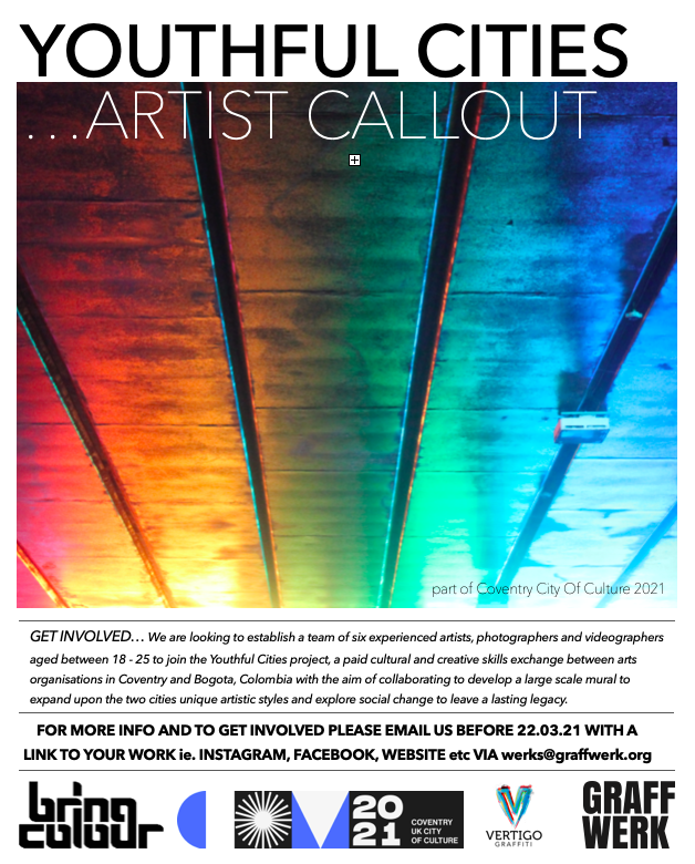 Are you skilled in street art, graffiti, photography or videography?

We're looking for 18-25 year olds in Coventry and Warwickshire to join an international exchange with Bogota, Colombia.

Email werks@graffwerk.org with examples of your work by 22 Mar, 5pm.
