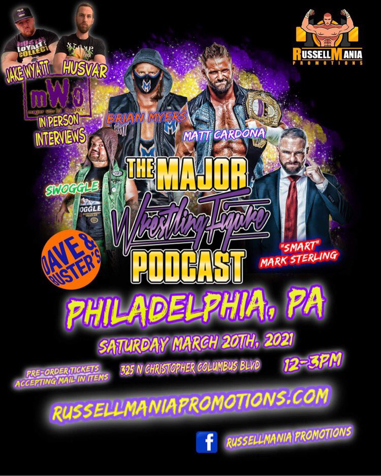 Happy Monday! Are you ready to hangout with @MajorWFPod this Saturday? @Russellmania05 has put together a great event happening @DaveandBusters Philly!

@Myers_Wrestling
@TheMattCardona
@SilverIntuition
@DylanPostl
@TheZombieSailor
@jakeboski
@droo769x
- Stang