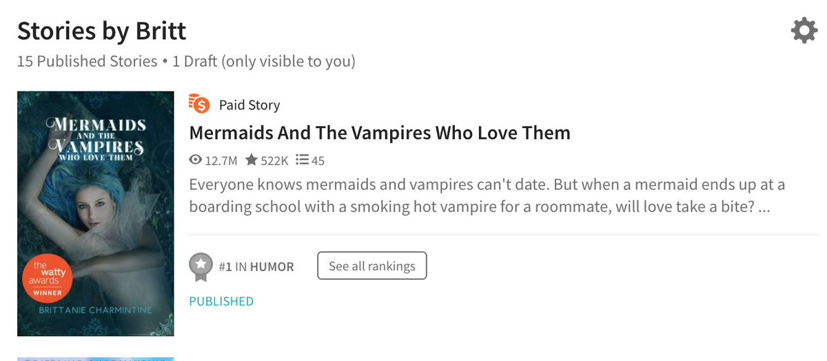 Today, I'm officially funny! MERMAIDS AND THE VAMPIRES WHO LOVE THEM is #1 in Humor on <a href="/wattpad/">Wattpad</a>! Well, at least my book is funny.

You should read it if you ...

1. Need a laugh
2. Love vampire/mermaid romance (who doesn't?)
3. Care about the oceans

Link: w.tt/30L1Pqn