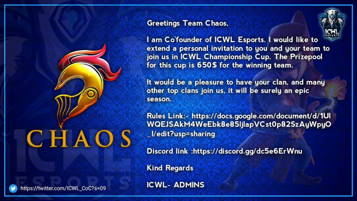 Thanks for inviting <a href="/ICWL_CoC/">ICWL Esports</a> <a href="/IGLeSports/">Indian Gaming League</a> 

We are happy to join ✌✌✌