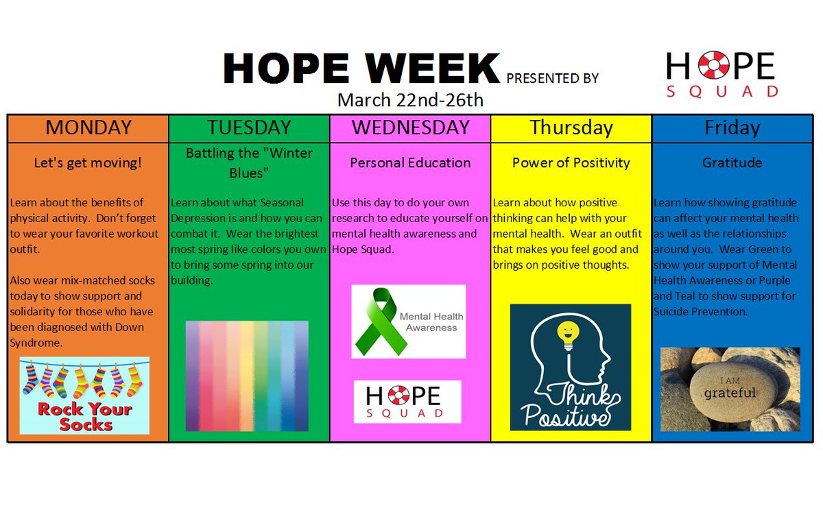 FLWWILDCATS's tweet photo. Mark your calendar!  Next week is Hope Week/March 22-26.  FLW HOPE Squad has been busy planning for this special week!  Start planning your attire now in show of your support for mental health &amp; suicide prevention awareness! #hopesquad #mentalhealthawareness #suicideprevention https://t.co/a2cJmtJEPe