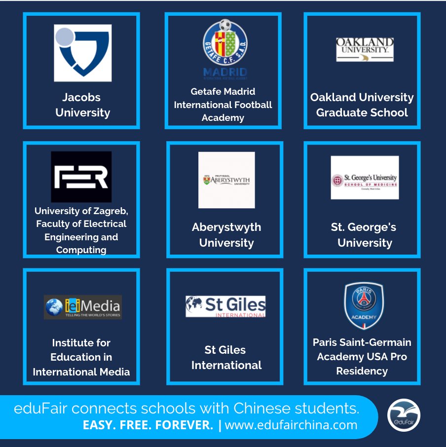 A few of the #schools we're excited to be helping #recruit in #China! <a href="/jacobs_bremen/">Jacobs University</a>, <a href="/GTF_IMFA/">GETAFE INTERNATIONAL</a>, <a href="/oaklandugrad/">Oakland Univ Grad</a>, <a href="/oaklandu/">Oakland University</a>, <a href="/fer_unizg/">Faculty of Electrical Engineering and Computing</a>, <a href="/AberUni/">Aberystwyth University</a>, <a href="/AberUni_Intl/">Aberystwyth Uni International</a>, <a href="/StGeorgesU/">St. George's University</a>, <a href="/IIEglobal/">Institute of International Education (IIE)</a>, <a href="/St_Giles/">St Giles</a>, <a href="/psgacademyusa/">Paris Saint-Germain Academy USA</a>

#students #education #football #international #America #Europe