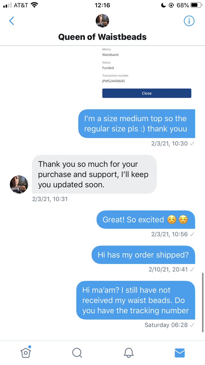Blum_Evolution's tweet photo. Please do not do business with @Rae_Crystals_ I ordered from her over a month ago, DMed asking for any updates on my order, no response. then she blocked me 😕 I just wanted the waist beads I paid for sheesh https://t.co/FfgJKrDP5B