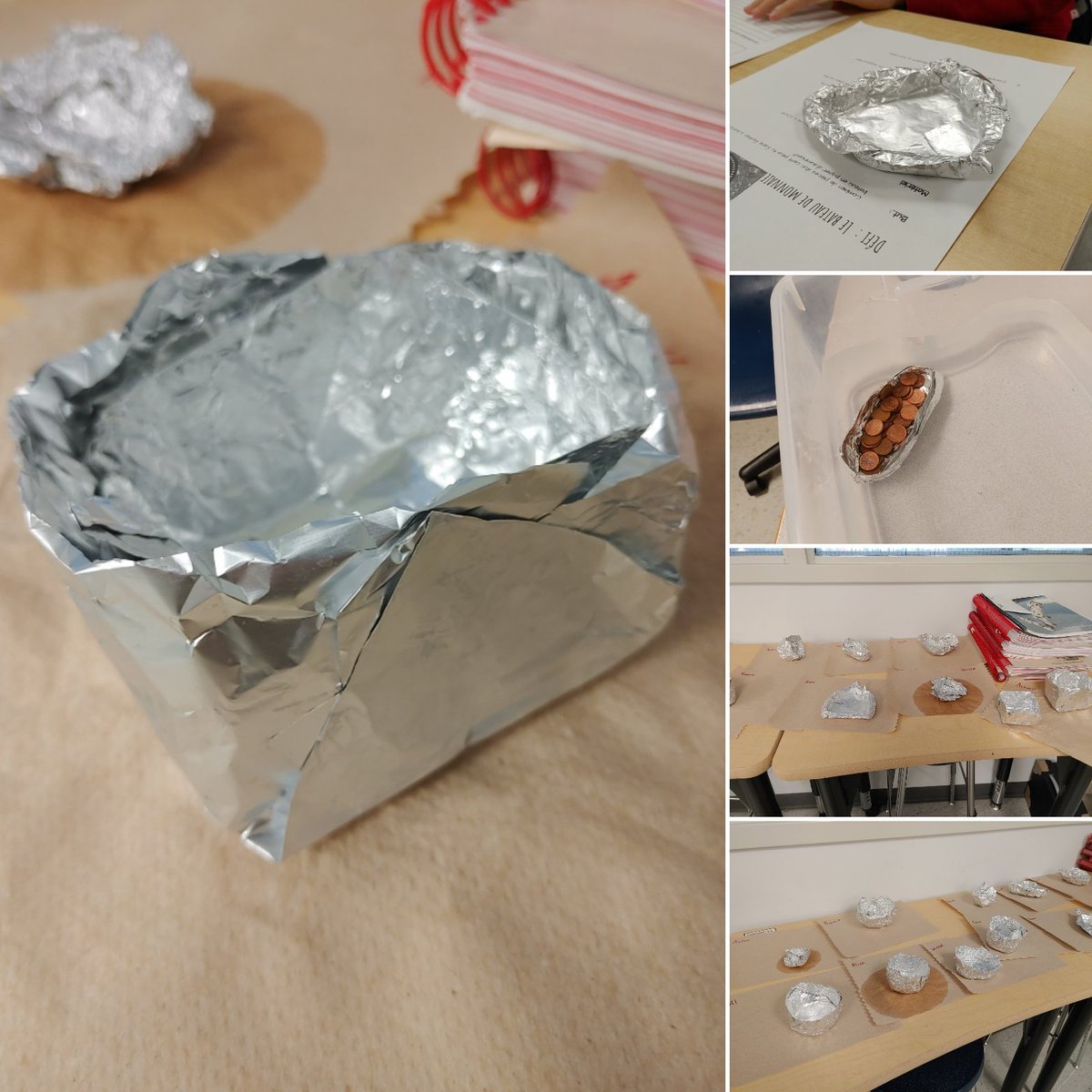 STEM challenge. Using only 2 20cmx20cm pieces of aluminium foil, create a structure that can hold as many pennies as possible. 
<a href="/louisearbourfi/">Louise Arbour FI</a> <a href="/TVDSB/">Thames Valley DSB</a> #STEM #willitfloat
The winner was able to hold 77 pennies before it sank to the bottom!