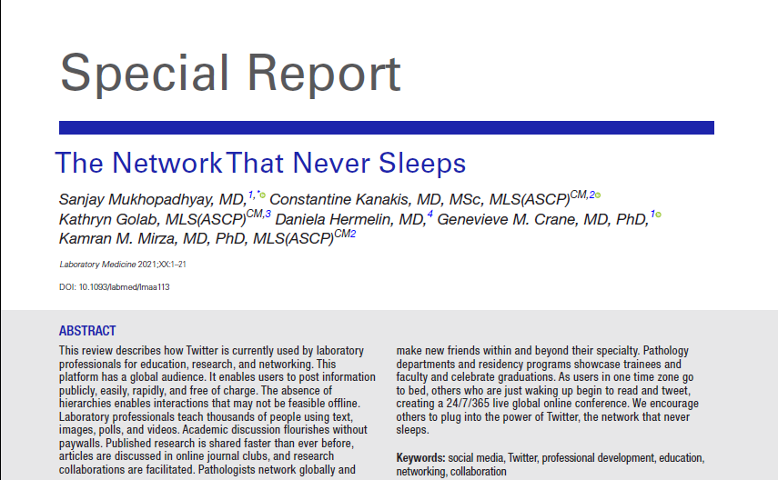 KMirza's tweet photo. The Network That Never Sleeps

Very excited to see this in print! Working with @smlungpathguy @CEKanakisMD @KGolabMLS @HermelinMD and @evemariecrane is always a pleasure (and honor)

Check out the article: https://t.co/oJcuG623Gw

@LabMedicineEIC @LabMedjournal @kellyswails https://t.co/g3HDAluBlp