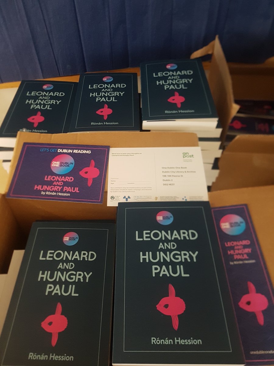 Complimentary copies of Leonard and Hungry Paul by Rónán Hession on the way to libraries in hospitals across Dublin for hospital staff. With ODOB postcards & bookmarks. A small token of our appreciation.💙 #1dublin1book #LetsGetDublinReading
