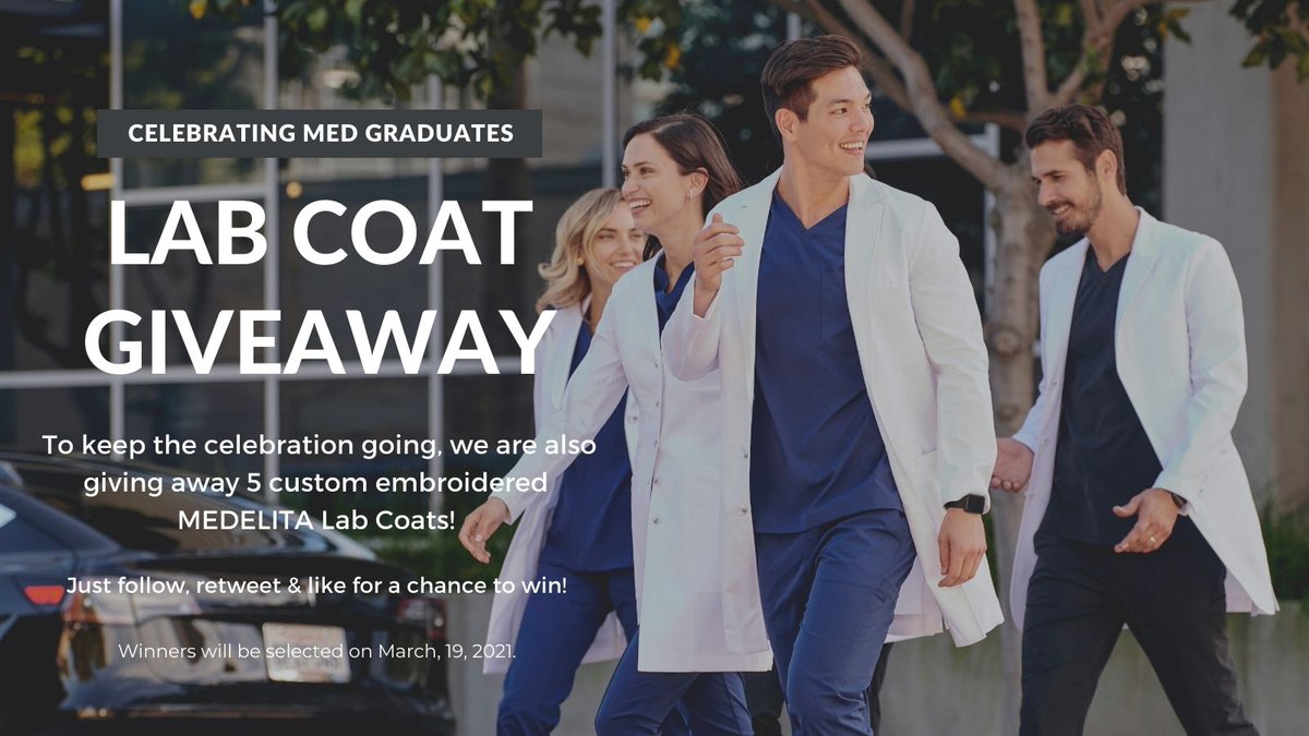 Let’s keep the celebration going! We’re gifting 5 graduates with the closest thing to wearing your diploma… custom embroidered MEDELITA Lab Coats! Follow, retweet, &amp; like to win! #MedGradWishList