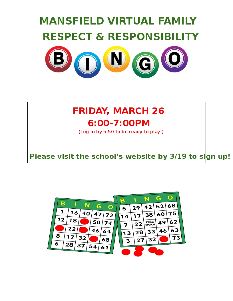 Join our Guidance Department for Virtual Bingo night!  Visit our website by 3/19 for the link to sign up!