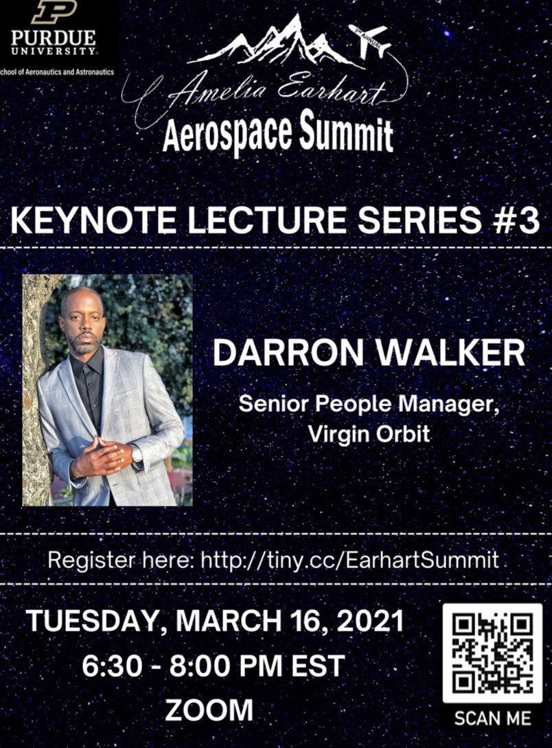 PurdueWiA's tweet photo. Coming up! Tomorrow at 6:30 EST on zoom, keynote lecture by Senior People Manager Darron Walker from Virgin Orbit! https://t.co/2SW72NGrEd