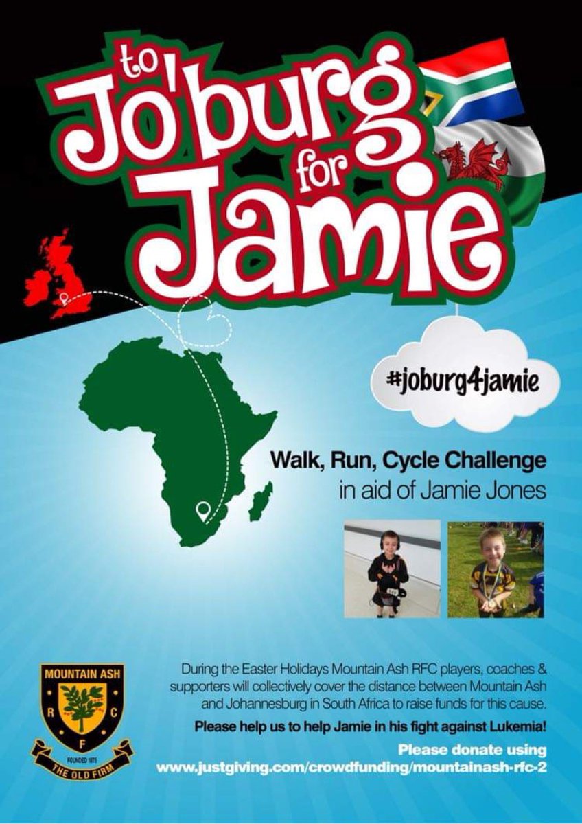 Friday 26th March at midday we, as a rugby family, begin our quest to run/walk/cycle some 8172 miles (the equivalent miles of Mountain Ash to Johannesburg) to raise money for our U9’s player Jamie Jones who has recently been diagnosed with Leukaemia. Donations via just giving.