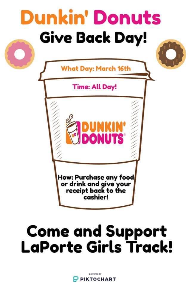 LPGTF runs on #Dunkin!

Make sure to stop by the La Porte <a href="/dunkindonuts/">Dunkin'</a> tomorrow (3/16 - All day!) and give your receipt back to the cashier for LPHS Girls Track! Thanks for your support! ☕🍩 <a href="/slicerslphs/">LPHS Slicers</a> <a href="/lphsathletics/">Slicer Athletics</a>