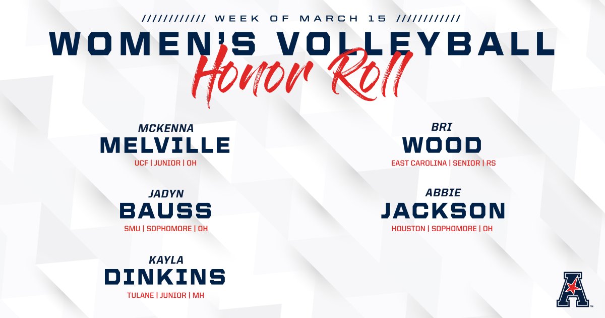 The week eight #AmericanVB Weekly Honor Roll: 🏐

McKenna Melville: <a href="/UCF_Volleyball/">UCF Volleyball</a> ⚔
Jadyn Bauss: <a href="/SMUVolleyball/">SMU Volleyball</a> 🐎
Kayla Dinkins: <a href="/GreenWaveVB/">Tulane Volleyball</a> 🌊
Bri Wood: <a href="/ECUVB/">East Carolina Volleyball</a> ☠
Abbie Jackson: <a href="/UHCougarVB/">Houston Volleyball</a> 🐾