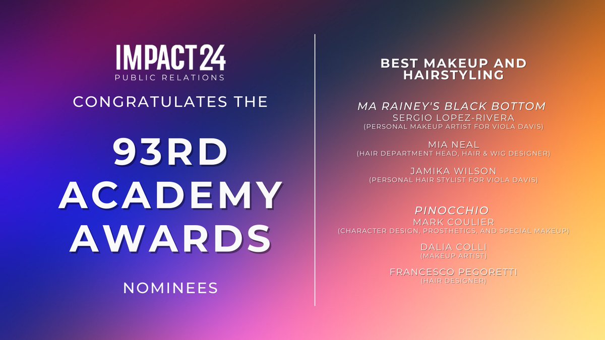 Impact24PR's tweet photo. Congratulations to the Makeup and Hairstyling teams of @MaRaineyFilm and #PinocchioFilm on their 2021 Oscar nominations! Well deserved! 

- #MaRainey - @sergiowastaken, Mia Neal, Jamika Wilson
- Pinocchio - Mark Coulier, Dalia Colli, Francesco Pegoretti

#Oscars #OscarNoms https://t.co/dNvCAMeujE
