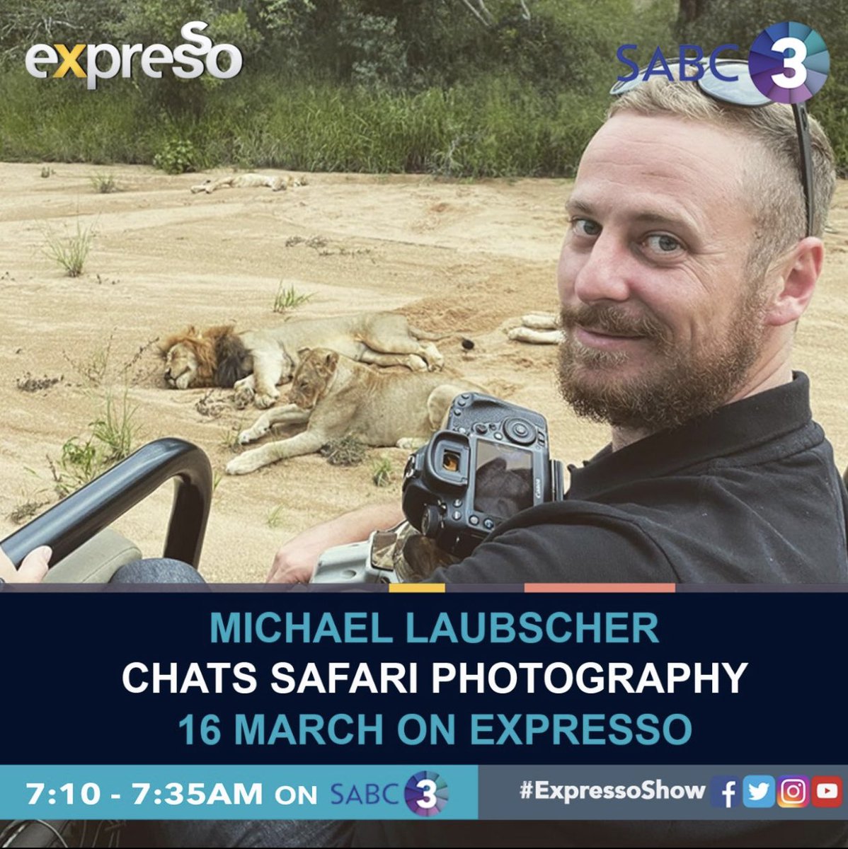 MichaelLaubsch5's tweet photo. Look forward to sharing more of my love and passion with all of you tomorrow morning.

If you have nothing to do between 7:10 &amp; 7:30 CAT, make sure you tune into @sabc3 @expressoshow

Going to be a fun one 🙌🏻😁

#WildEyeSa #WildEyeTv #InterviewTips #Sabc3 #ExpressoShow #Wildlife https://t.co/6CxEJc5zYw