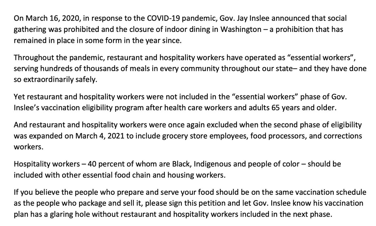 jseattle's tweet image. UPDATE: Major petition effort calls for @GovInslee to add restaurant and hospitality workers to next phase of vaccine eligibility  capitolhillseattle.com/2021/03/honor-…