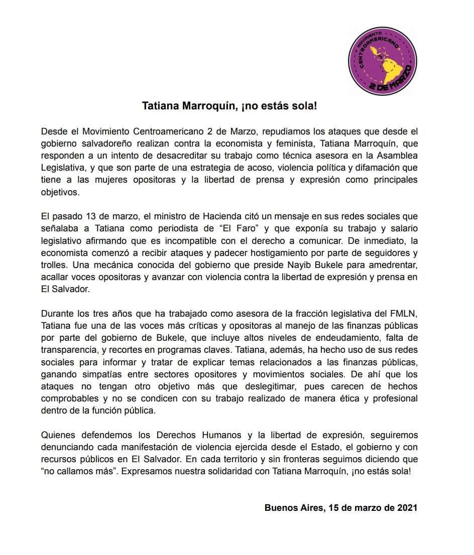 #EnDesarrollo El @movca2m , de Argentina, expresó a través de un comunicado su solidaridad con la columnista @tatymarroco .