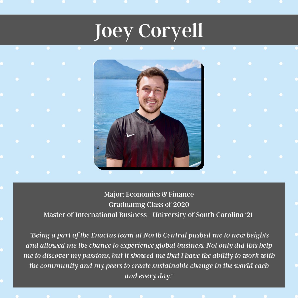 Our next alum is @CoryellJoey! Fun fact: he's been a part of the Xela Chocolate project since he was a sophomore & led the project last year. He worked really hard to help establish the project before he graduated. He's a recent graduate from a master's program in South Carolina!