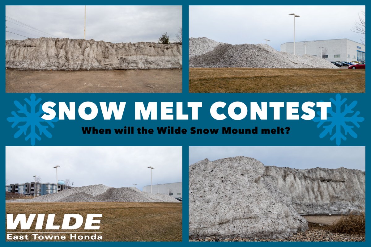 WildeETHonda's tweet photo. SNOW MELT CONTEST
It might not feel like it today, but Spring will officially begin this weekend!
As the temperature increases, when do you think the Wilde winter snow mound will melt away completely? ❄️
Go to our Facebook page to enter!
#Contest #Snow #WildeContest https://t.co/SFtU5ogNqe