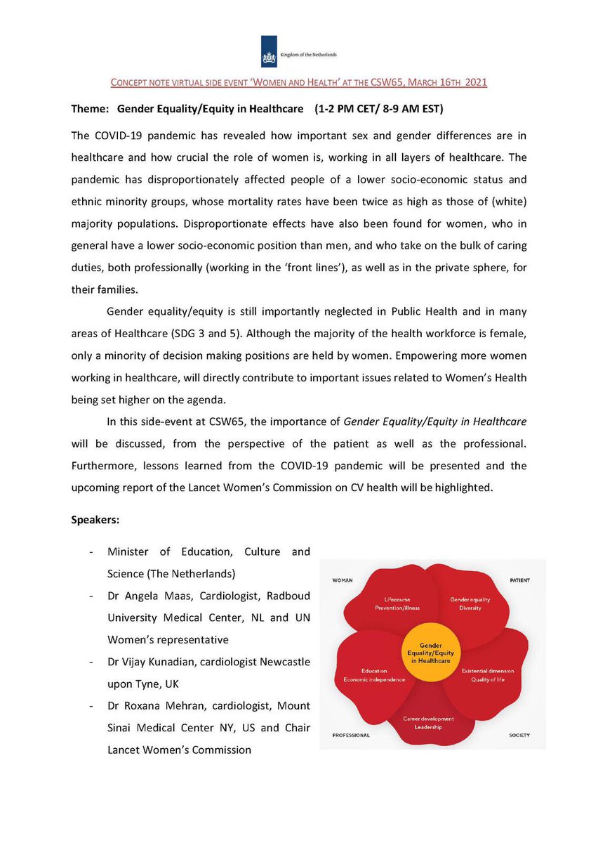 #KingdomNL is looking forward to see you tomorrow at 8–9 AM EST at our #CSW event on Gender Equity / Equality in Healthcare. With ao <a href="/minocw/">Ministerie van Onderwijs, Cultuur en Wetenschap</a> <a href="/ivanengelshoven/">Ingrid van Engelshoven</a>, @MaasAngela, <a href="/Drroxmehran/">Dr Roxana Mehran</a> and <a href="/VijayKunadian/">Professor Vijay Kunadian</a> 
Register here: bit.ly/3lbBET6
#GenerationEquality
#CSW65 #KNLatCSW